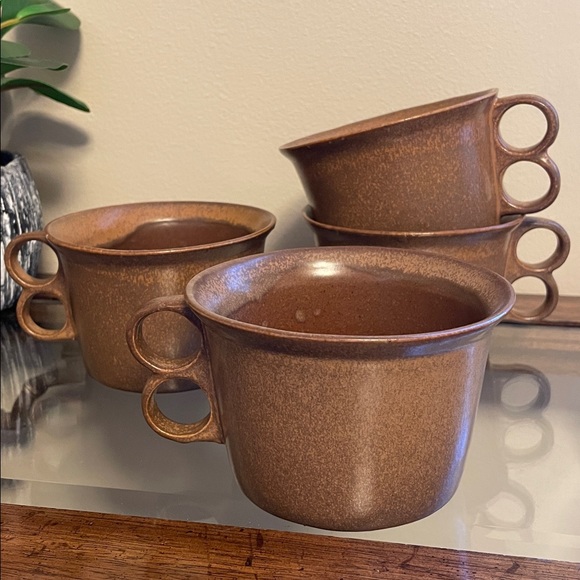 Bennington Vermont Potters Rustic Brown Stoneware Trigger Handle Mugs Set - Picture 1 of 9